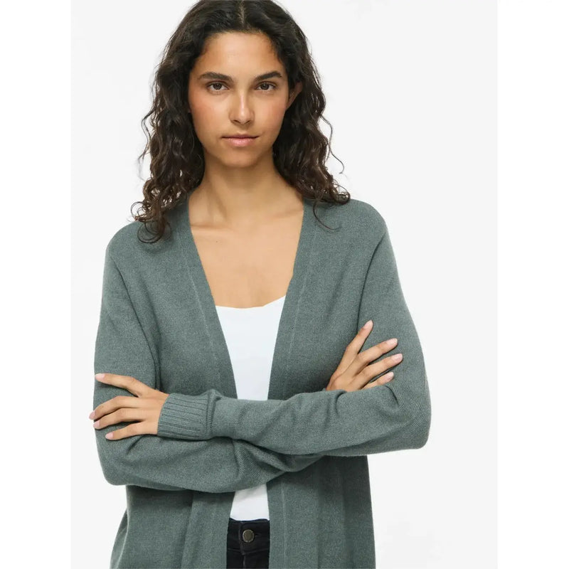 Grüne Strickstrickjacke von Vila für Damen mit Rippbündchen, V-Ausschnitt, Viskosemischung, lange Herbstjacke