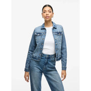 Blaue Jeansjacke mit klassischer Knopfleiste und Brusttaschen von Vila Women, hellblauer Blazer aus Baumwollmischgewebe, lange Passform