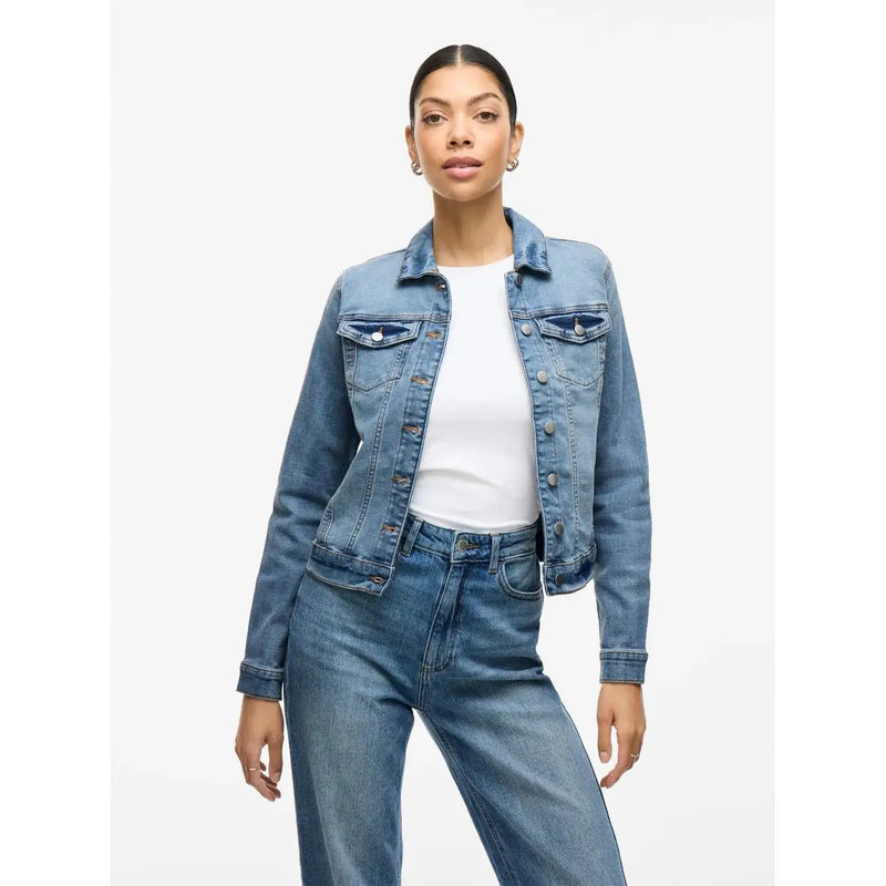 Blaue Jeansjacke mit klassischer Knopfleiste und Brusttaschen von Vila Women, hellblauer Blazer aus Baumwollmischgewebe, lange Passform