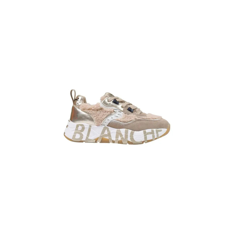 Schwarze Wildleder-Sneaker von Voile Blanche für Damen mit beigem, metallisch-goldenem Chunky-Design und flauschigen Shearling-Akzenten.