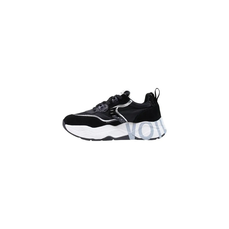 Voile Blanche Damen-Sneaker aus schwarzem Wildleder mit klobiger Sohle, schwarz-weißem Design und silbernen Akzenten an der Seite