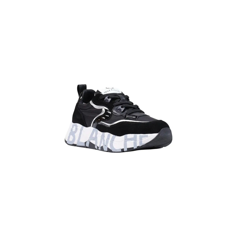 Voile blanche Damen-Sneaker aus schwarzem Wildleder mit klobiger Sohle und auffälligem blanche-Schriftzug auf der Rückseite