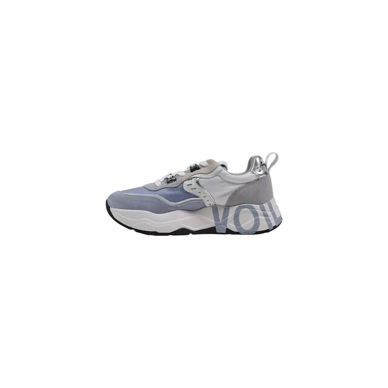 Voile Blanche Damen-Sneaker aus grauem Wildleder mit klobiger Sohle, hellblauen Akzenten, weißer Zwischensohle und schwarzer Außensohle