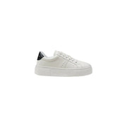 White leather low-top sneaker with black heel accent and embossed branding on the sole shown from the back side