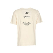cremefarbene, gebrochen weiße Männer t-shirt mit schwarzem, gesticktem Logo und Text auf der Rückseite