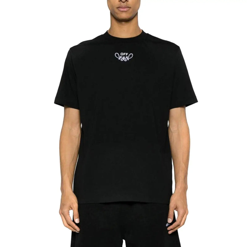 Off-white Männer t-shirt aus schwarzem Baumwollstoff mit weißem, gesticktem Logo und Knotendetail auf der Vorderseite