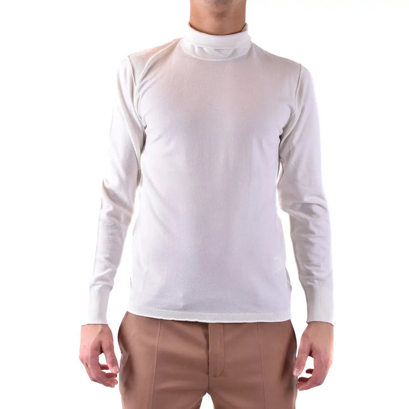 White turtleneck long sleeve sweater with smooth fitted knit texture and ribbed cuffs in soft material