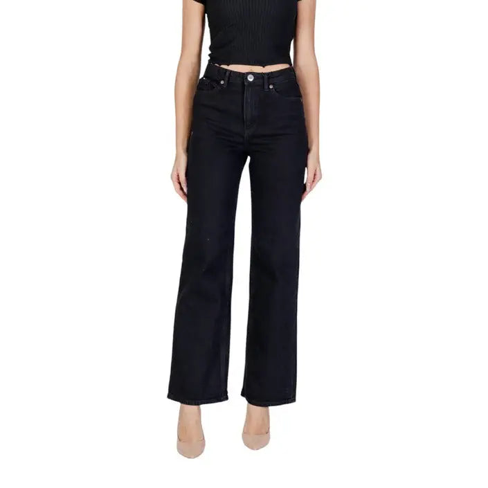 Black high-waisted wide-leg denim jeans for women in dark wash style