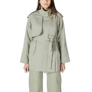 Women’s sage green belted trench coat displayed with a stylish belt and classic design