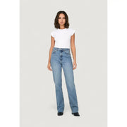 High-waisted light blue denim jeans for women with straight-leg cut five-pocket design 100% cotton material
