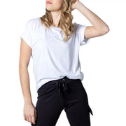 Weißes, kurzärmeliges Damen-T-Shirt aus Viskosemischung t-shirt mit lockerer Passform und leicht hochgekrempelten Ärmeln