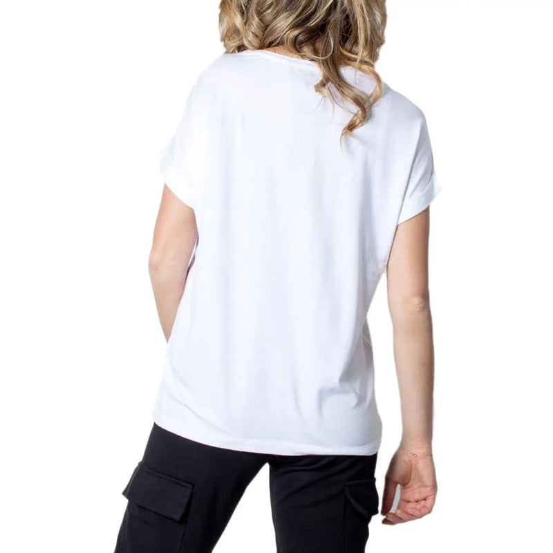 Weißes, kurzärmeliges Damen-T-Shirt aus Viskosemischung t-shirt mit lockerer Passform und abgerundetem Halsausschnitt, von vorne gesehen