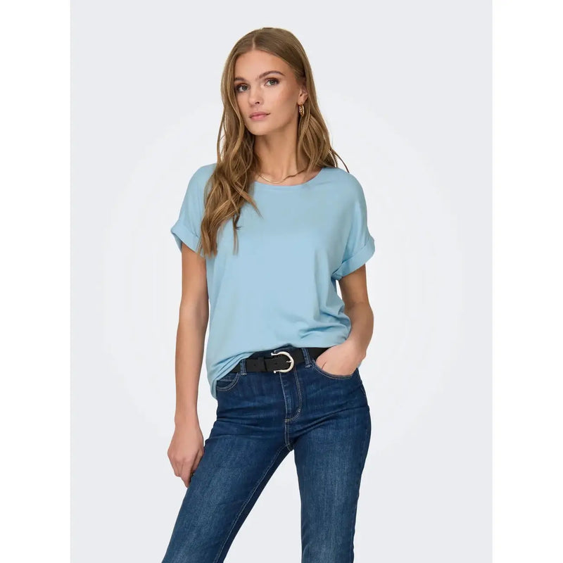 Hellblaues, kurzärmeliges Shirt mit lockerer Passform top mit umgeschlagenen Bündchen aus einem Viskosegemisch für Damen