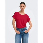 Ein leuchtend rotes, locker sitzendes Kurzarmhemd top mit rundem Halsausschnitt aus Viskosemischgewebe für Damen